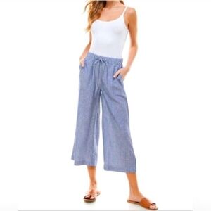 Thread & Supply Pull On Striped Blue White Wide-Leg Cropped Pant Linen Blend XL